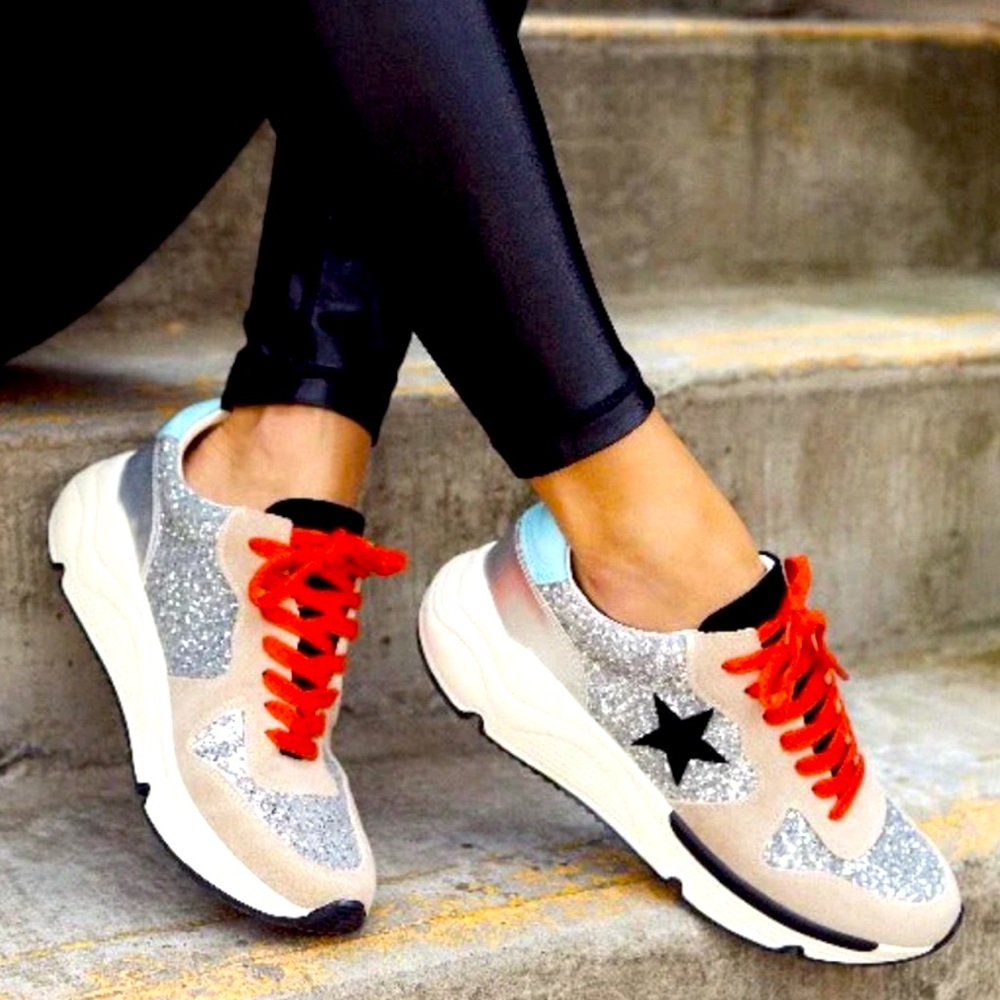 Women's Chunky Glitter Sneakers with Black Star and Red Laces